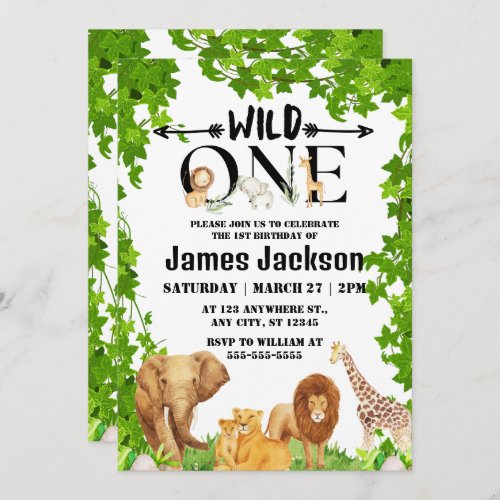  Wild One Jungle Safari Kids Themed 1st Birthday Invitation