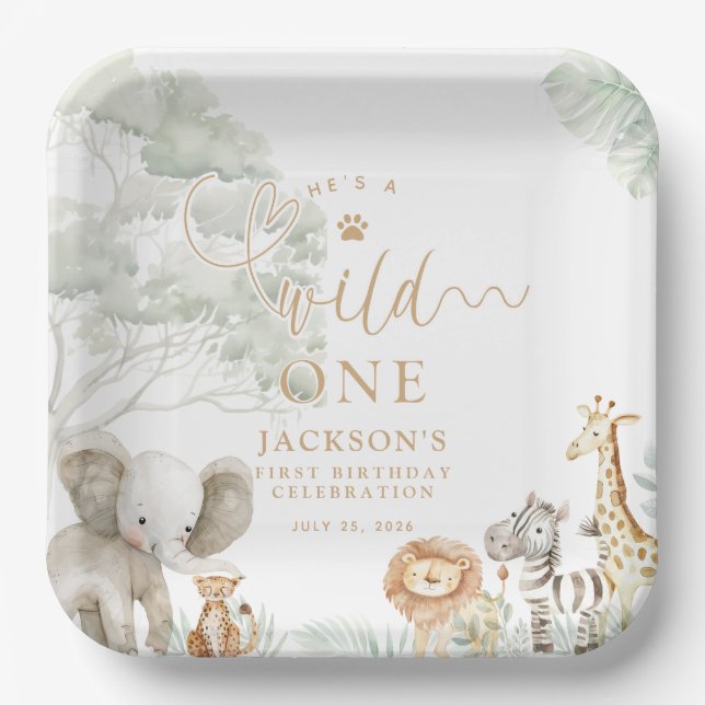 Wild One Jungle Safari Paper Plates (Front)