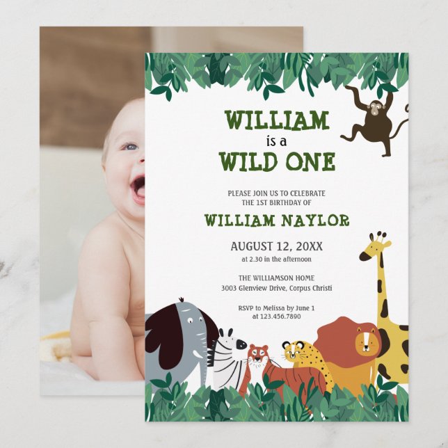 Wild One Jungle Safari Photo First Birthday Invitation (Front/Back)