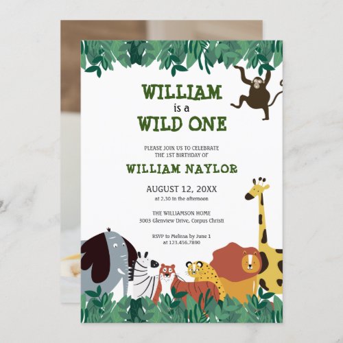 Wild One Jungle Safari Photo First Birthday Invitation - Wild One Jungle Safari Photo First Birthday invitation featuring cute wild animals and a special photo on the reverse. Designed by Thisisnotme©