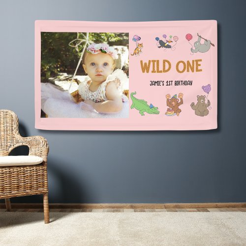 Wild One Jungle Safari Pink 1st Birthday Banner