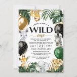 Wild One Jungle Safari Themed 1st Birthday Party Invitation<br><div class="desc">Design features jungle palm tree greenery and banana leaves decorated with printed gold, black and green colored balloons. Balloon designs also feature printed faux gold colored confetti. Template also features baby giraffe, rhino (rhinoceros), elephant, lion, zebra and sloth watercolor animals for a safari theme. Wild one is printed in modern...</div>