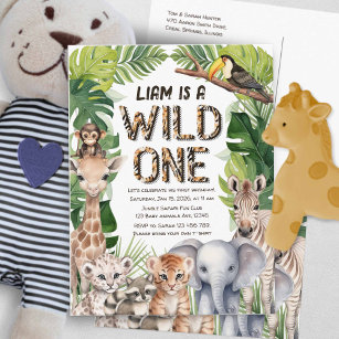 Wild one Jungle Safari themed boy 1st birthday Invitation Postcard