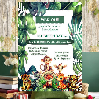 Wild One Jungle Safari Tropical Leaves Birthday  Invitation