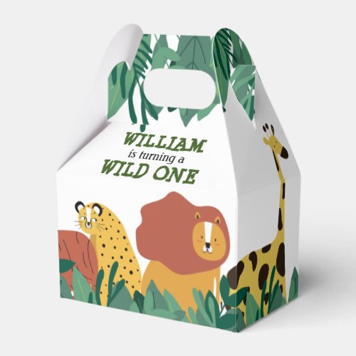 Wild One Jungle Safari Zoo First Birthday Favor Box - Featuring cute wild safari animals in a jungle, this fun first birthday favor box can be personalized with the birthday boy or girl's name. Designed by Thisisnotme©