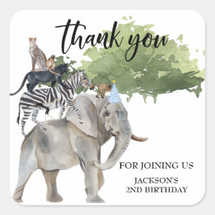 Wild One Jungle Thank you Birthday Favor Elephant Square Sticker