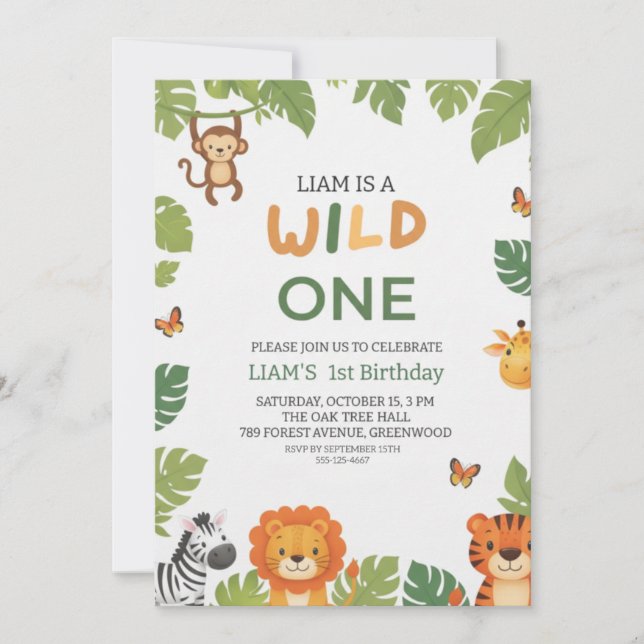 Wild One Jungle Theme 1st Birthday Party Invite (Front)