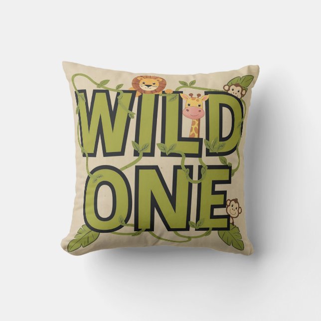 Wild One Jungle Theme Birthday Design Throw Pillow (Front)