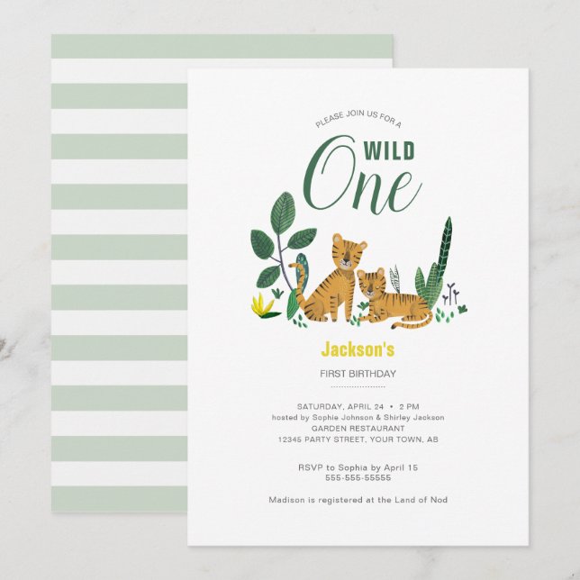 Wild One Jungle Tiger First Birthday Invitation (Front/Back)