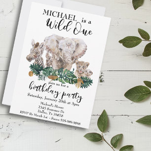Wild One Jungle Watercolor Elephant Zebra animal Invitation