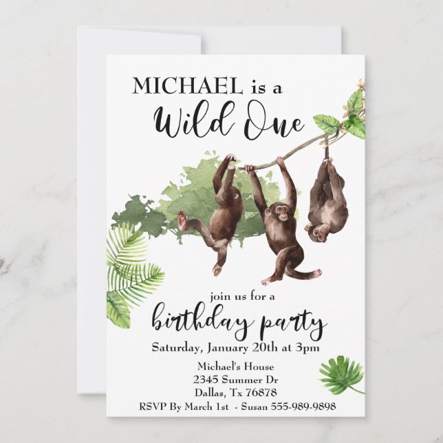 Wild One Jungle Watercolor Monkeys Invitation (Front)