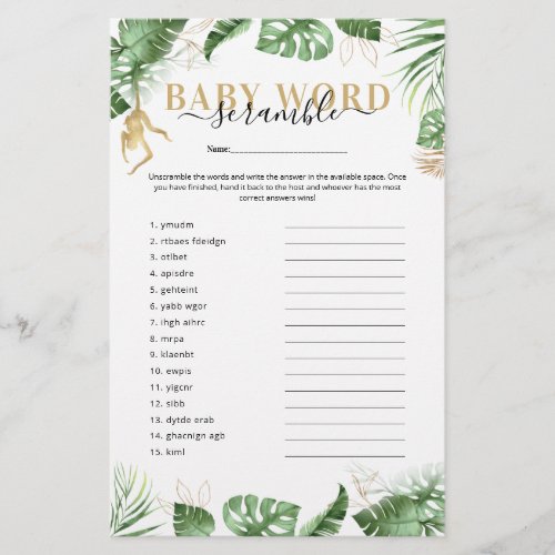 Wild One Jungle Word Scramble Game Baby Shower 