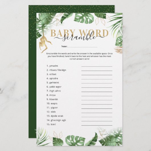 Wild One Jungle 'Word Scramble' Game Baby Shower (Front/Back)