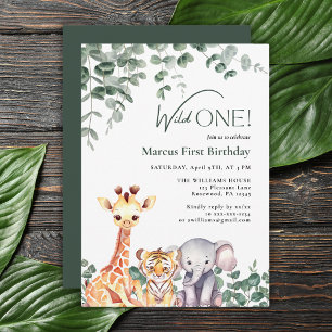 Wild One Kids Safari Animals First Birthday Invitation