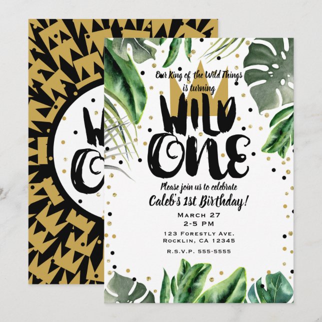 Wild One King of Things Crown 1st Birthday Party Invitation (Front/Back)