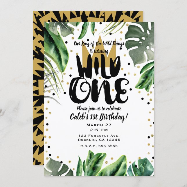 Wild One King of Things Crown 1st Birthday Party Invitation (Front/Back)