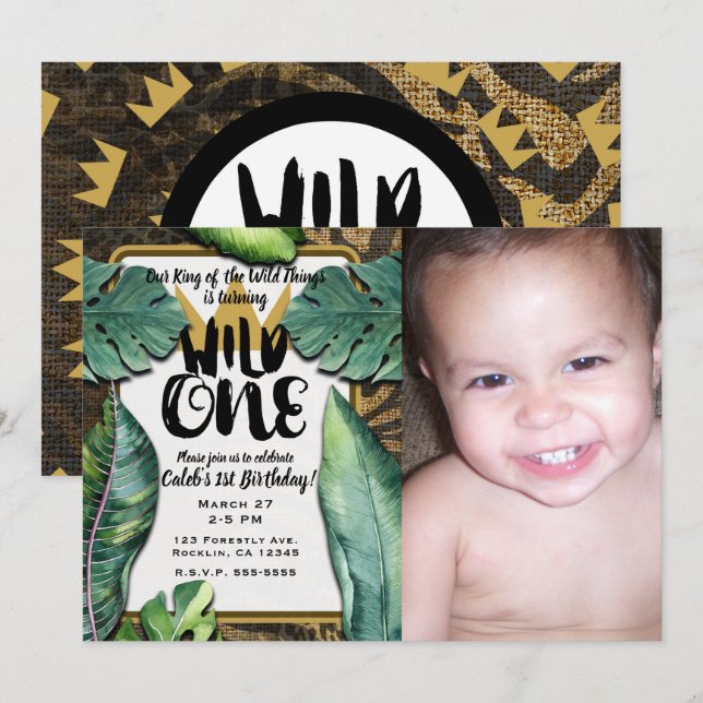 Wild One King of Things Crown 1st Birthday Party Invitation (Front/Back)