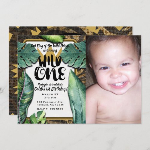 Wild One King of Things Crown 1st Birthday Party Invitation