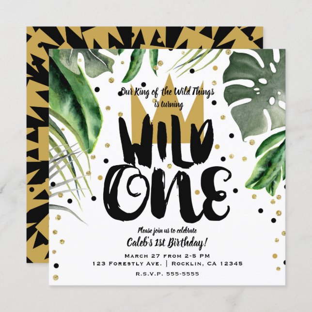 Wild One King of Things Crown 1st Birthday Party Invitation (Front/Back)