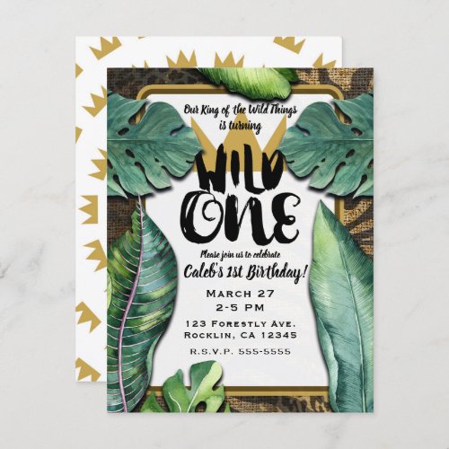 Wild One King of Things Crown 1st Birthday Party Invitation