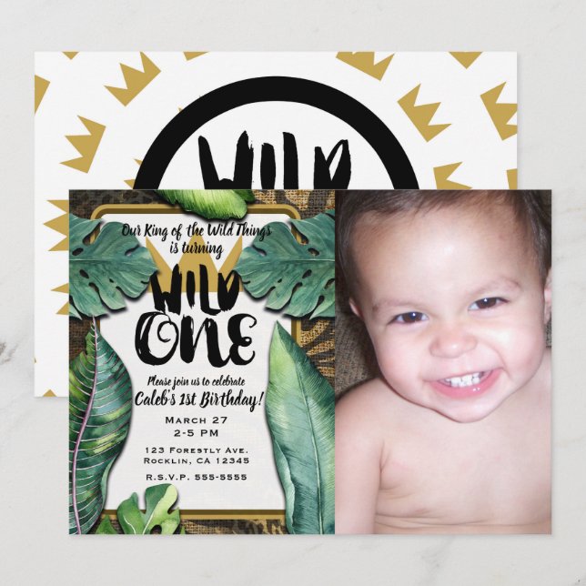 Wild One King of Things Crown 1st Birthday Party Invitation (Front/Back)