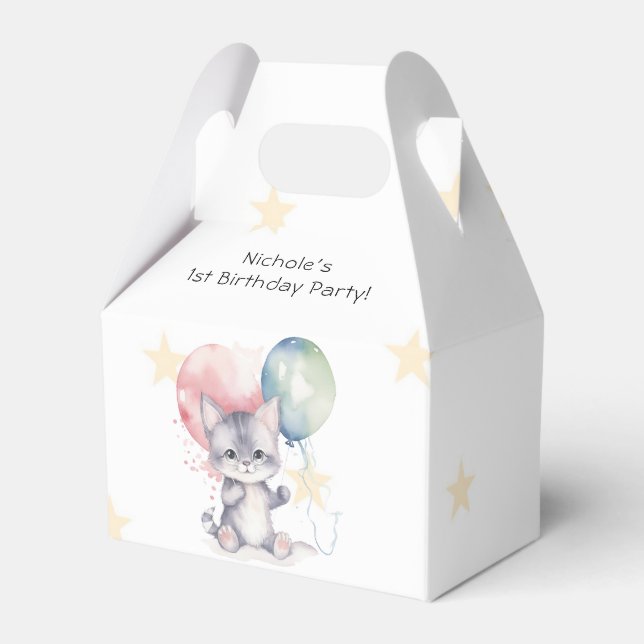 Wild One Kitten Balloons 1st Birthday Party Favor Boxes (Front Side)