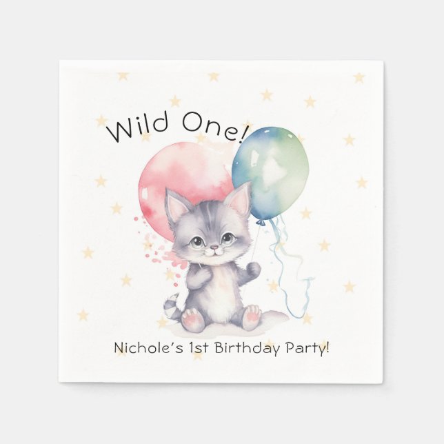 Wild One Kitten Balloons 1st Birthday Party Napkins (Front)