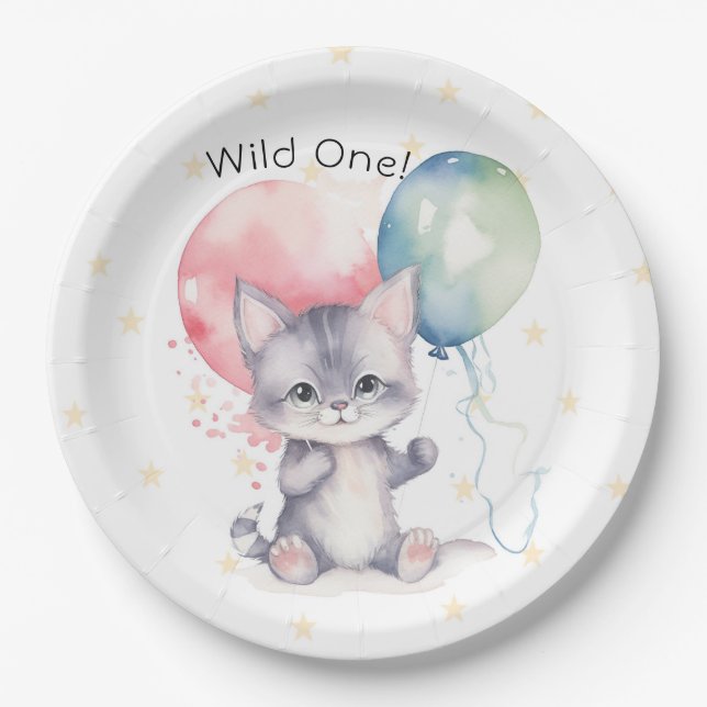 Wild One Kitten Balloons 1st Birthday Party Paper Plates (Front)