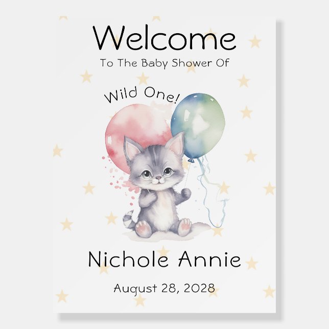 Wild One Kitten Balloons 1st Birthday Welcome Sign (Front)