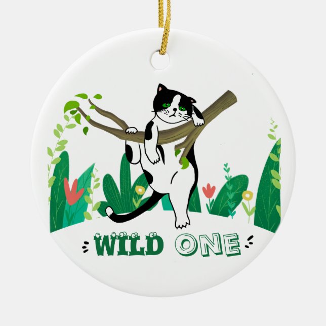 Wild One Kitty Cat Kitten 1st Birthday Invitation Ceramic Ornament (Front)