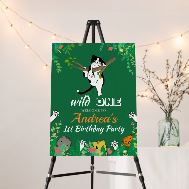 Wild One Kitty Cat Kitten 1st Birthday Invitation Foam Board (In Situ (Stand))