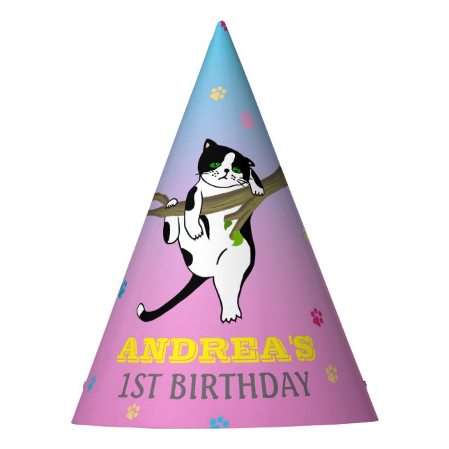 Wild One Kitty Cat Kitten 1st Birthday Purple Blue Party Hat (Front)