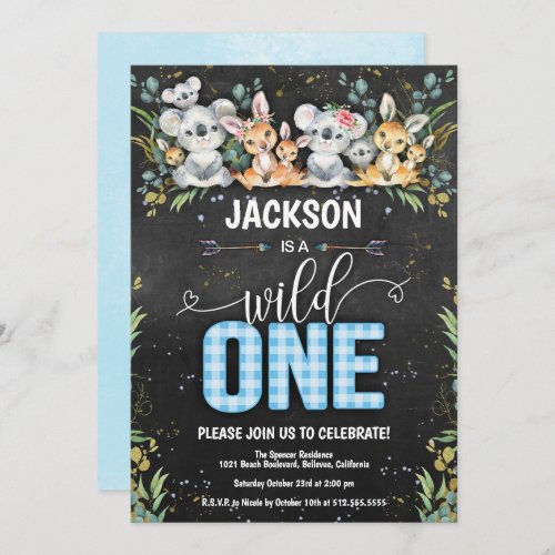 Wild One Koala  Kangaroo Gingham 1st Birthday Invitation