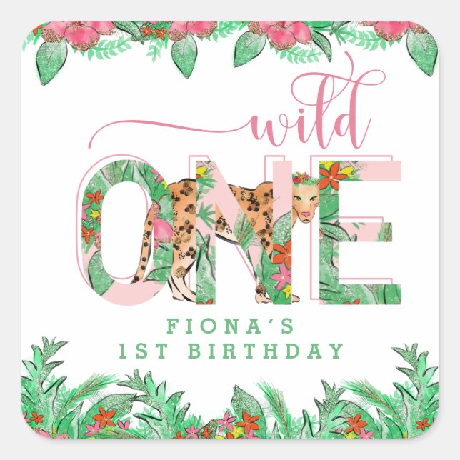 Wild One Leopard First Birthday Square Sticker (Front)