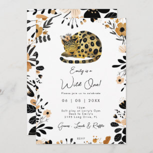wild one leopard floral 1st birthday invitation