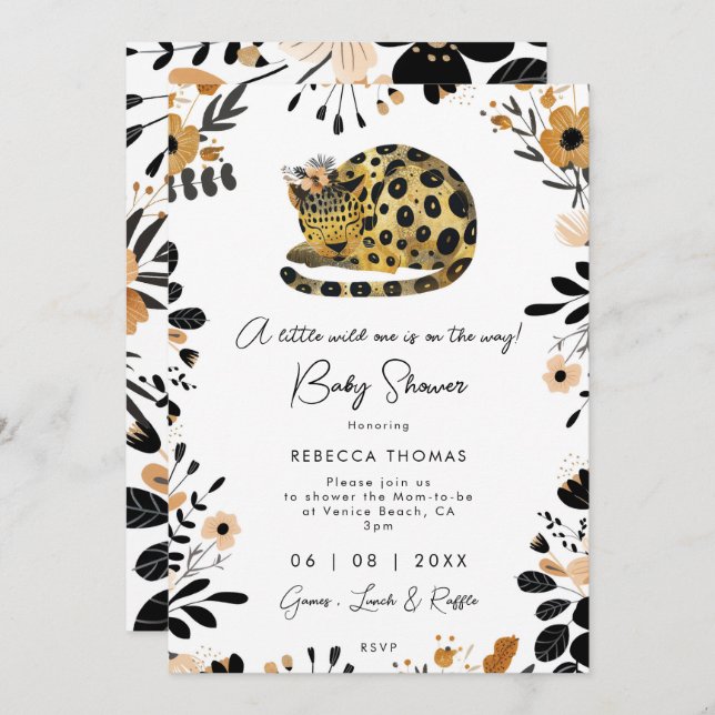 wild one leopard floral baby shower invitation (Front/Back)