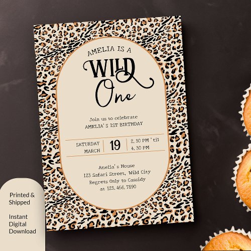Wild One Leopard Print Neutral 1st Birthday Invitation
