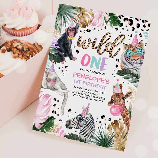 Wild One Leopard Print Safari Animals 1st Birthday Invitation (Creator Uploaded)