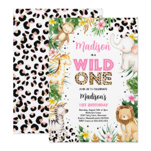 Wild One Leopard Print Safari Animals 1st Birthday Invitation