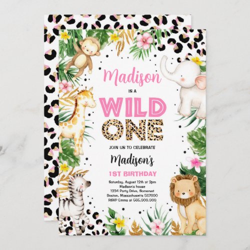 Wild One Leopard Print Safari Animals 1st Birthday Invitation