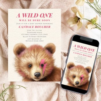 Wild One Lightning Bolt Cub Pink Baby Shower Invitation by JillsPaperie at Zazzle