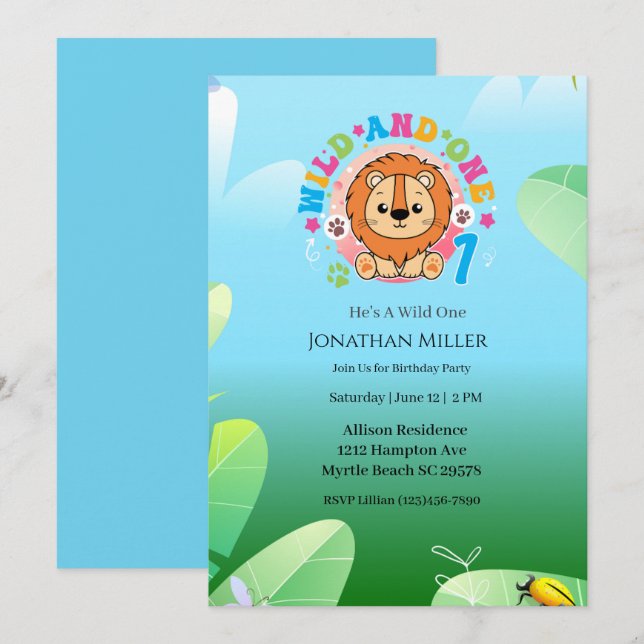 Wild One Lion 1st  Birthday Party  Invitation (Front/Back)