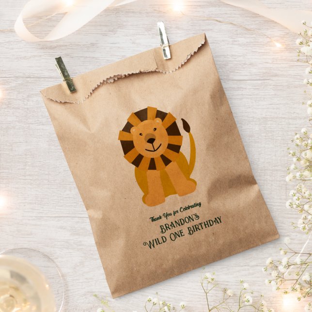 Wild One Lion Birthday Party Jungle Safari Favor Bag (Clipped)