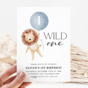 Wild One Lion Blue Balloon Boys 1st Birthday Party Invitation