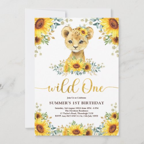 Wild One Lion Cub Sunflower Greenery 1st Birthday Invitation
