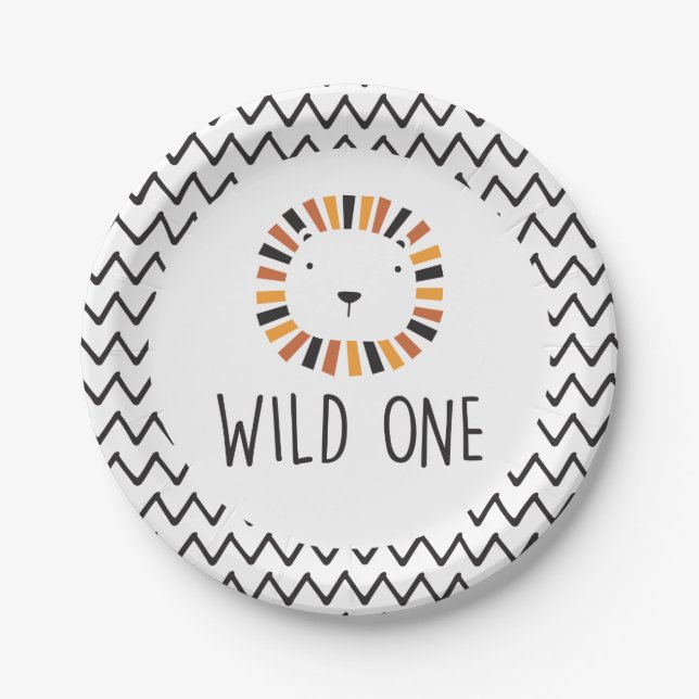 Wild one Lion first birthday Paper Plates (Front)