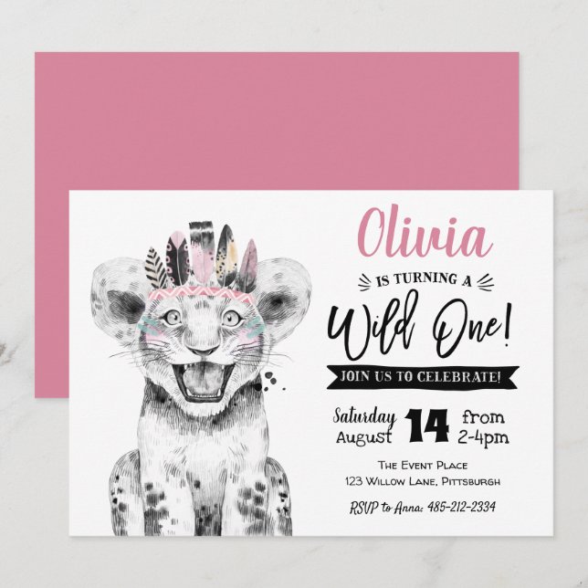 Wild One Lion | Girl 1st Birthday invitation (Front/Back)
