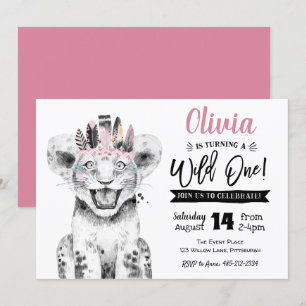 Wild One Lion   Girl 1st Birthday invitation