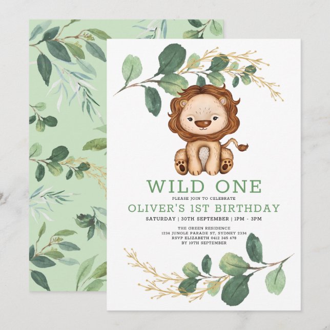 Wild One Lion Greenery Gold 1st Birthday Party Invitation (Front/Back)