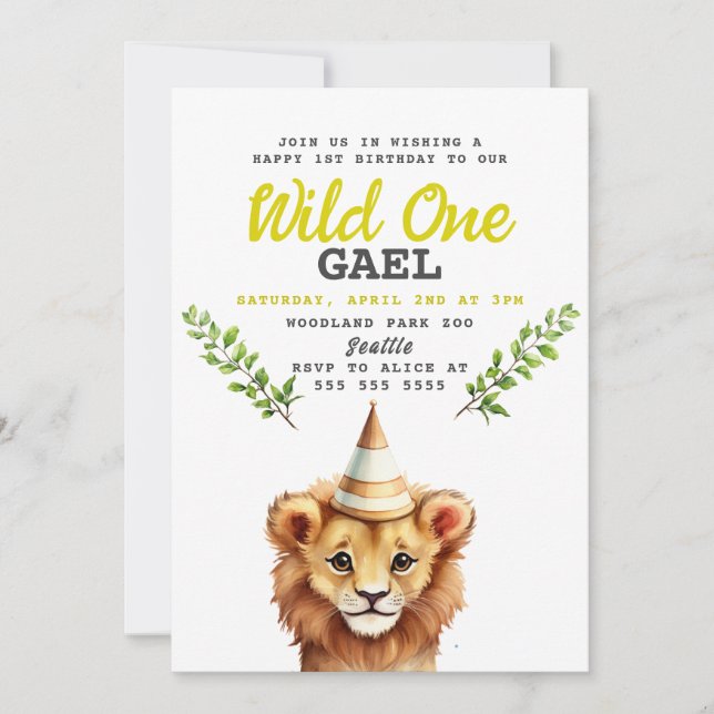 Wild One Lion Jungle Party Birthday Invitation (Front)